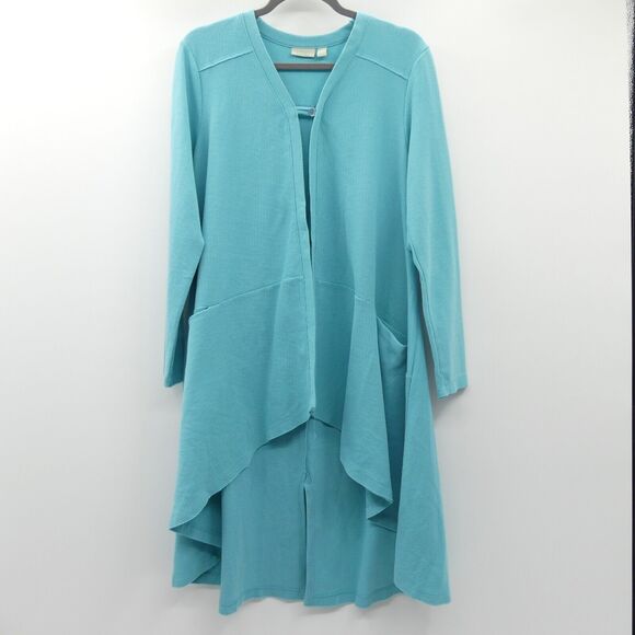 LOGO Lounge Lori Goldstein Size L Hella Waffle Knit Cascading Cardigan Aqua Blue - Picture 1 of 11